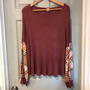 7th Ray Women’s L Boho Sweater Shirt Long Puff Patterned Sleeve Waffle Knit Top